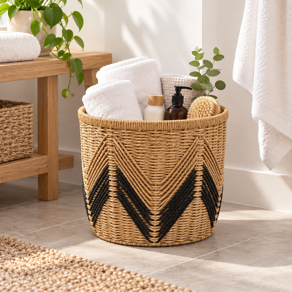 Round Woven Storage Basket with Black Chevron Pattern, Handwoven Seagrass Bin for Towels, Toys, Blankets & Boho Home Decor -ZENG-092403