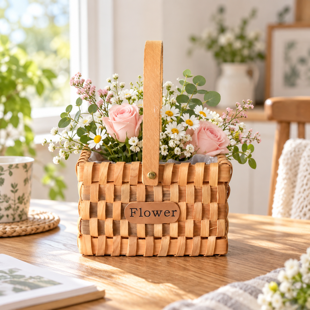 Hand Woven Wooden Flower Basket with Single Wood Handle, Rectangular Woven Planter Basket with Liner for Floral Arrangement, Wedding Decor & Gift -ZENG-091605