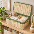 Woven Storage Basket with Lid & Wooden Button, Handmade Rattan Organizer Box with Green Trim and Cutout Handle for Desk, Shelf & Gift -ZENG-091809
