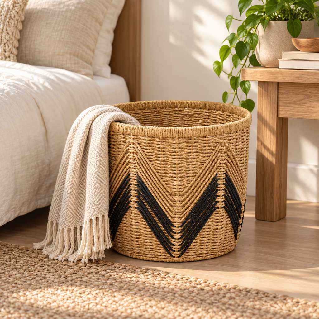 Round Woven Storage Basket with Black Chevron Pattern, Handwoven Seagrass Bin for Towels, Toys, Blankets & Boho Home Decor -ZENG-092403