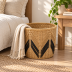 Round Woven Storage Basket with Black Chevron Pattern, Handwoven Seagrass Bin for Towels, Toys, Blankets & Boho Home Decor -ZENG-092403