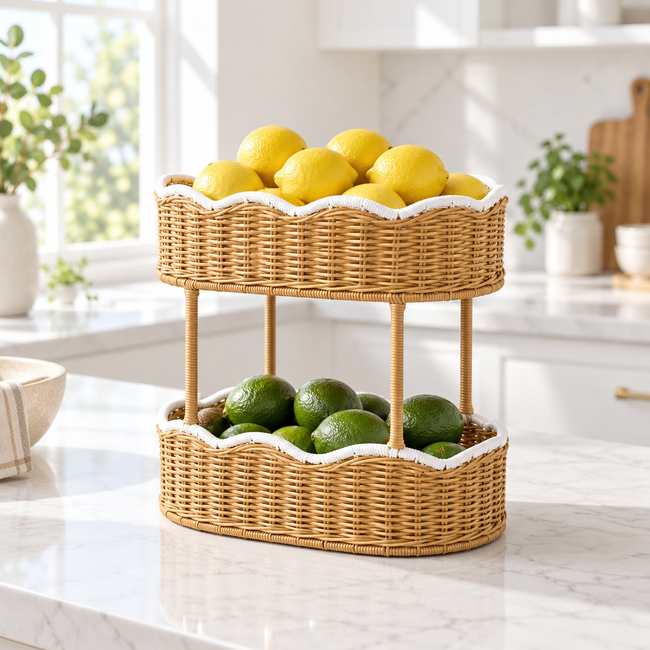 Double Layer Wicker Storage Basket with White Trim, Handwoven Rattan Nursery Organizer for Baby Lotion, Toys & Essentials -ZENG-091703 Main Image
