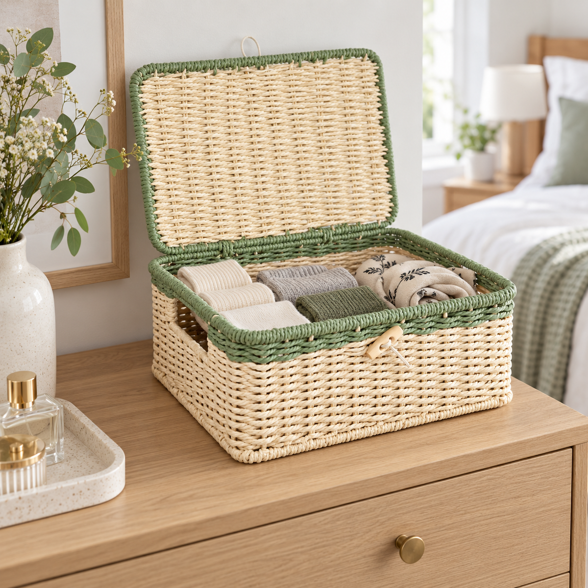 Woven Storage Basket with Lid & Wooden Button, Handmade Rattan Organizer Box with Green Trim and Cutout Handle for Desk, Shelf & Gift -ZENG-091809