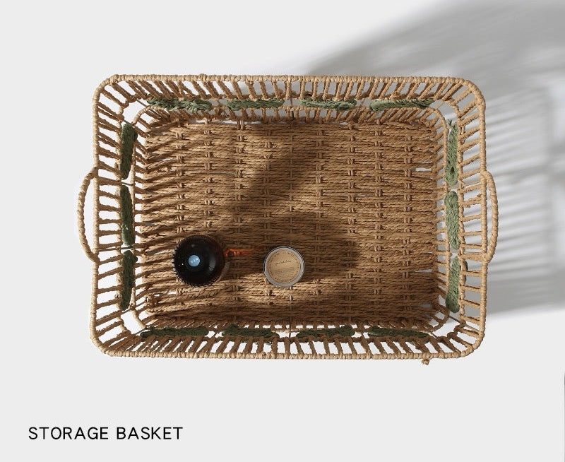 Rectangular Woven Storage Basket with Handles & Leaf Design – Large Decorative Organizer for Laundry, Toys, Blankets & Home Storage-cc-091802