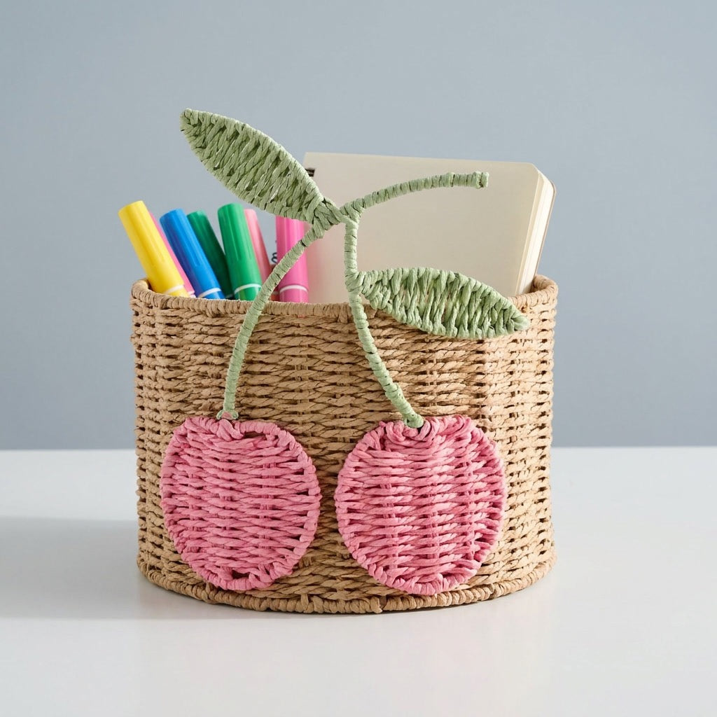 Cherry Woven Storage Basket, Cute Round Organizer Bin for Desk, Nursery, Bedroom & Kids Room-cc-091812