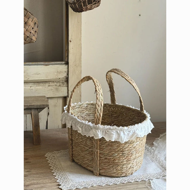 Vintage Woven Basket with Handles & Lace Trim – Decorative Picnic, Gift & Storage Basket-091611-cc Main Image