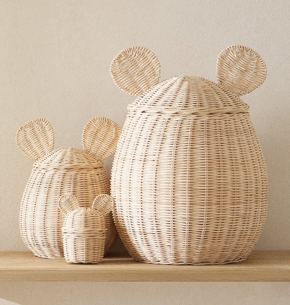 Wicker Mickey Mouse Storage Basket Handwoven Rattan Toy Organizer Bin, Double Layer Design, Natural Rattan Color, Cute Round Shape for Kids Room, Nursery, Bedroom Toy and Clutter Storage -cc-092008 Hover Image