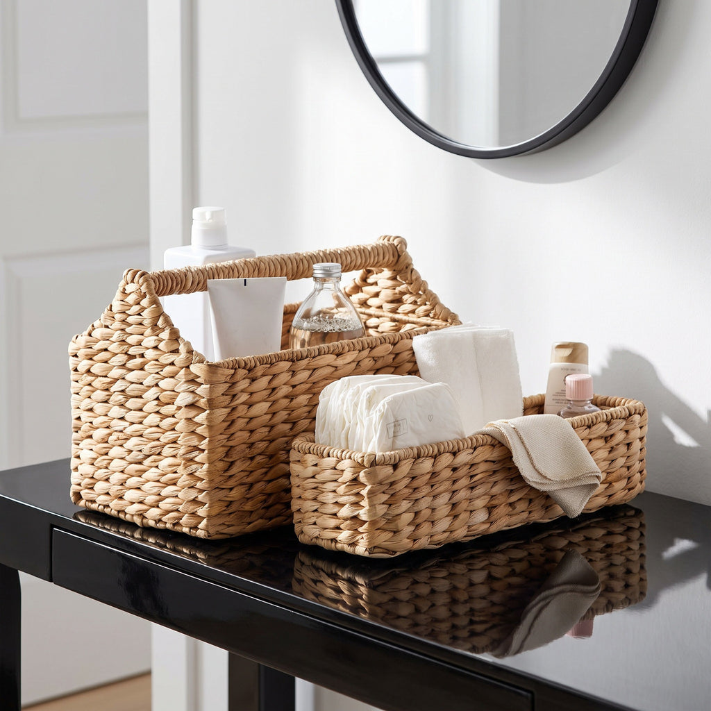 Water Hyacinth Storage Basket with Carry Handle, Woven Bathroom Organizer for Toiletries, Towels & Home Essentials-cc-091816