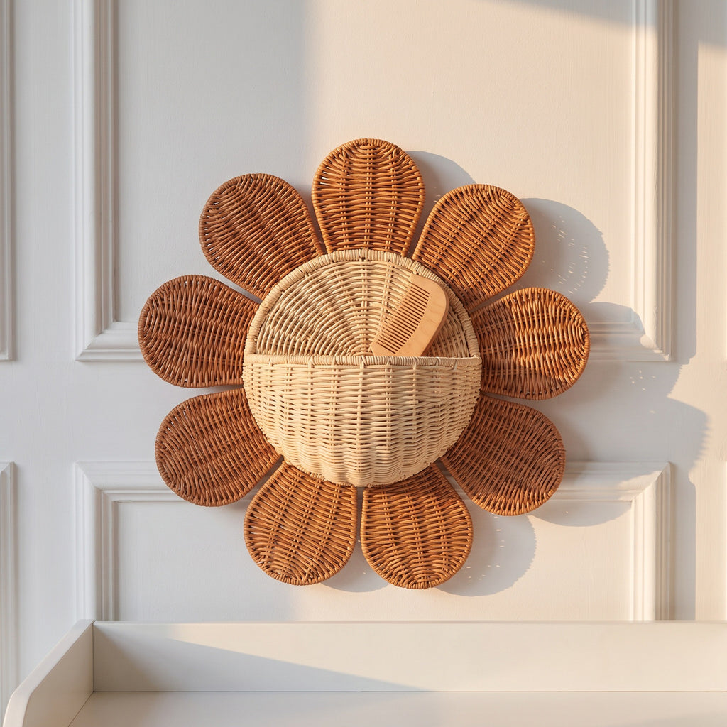 Natural Rattan Flower Wall Basket – Handwoven Hanging Storage Organizer for Bedroom, Nursery & Entryway-cc-091705