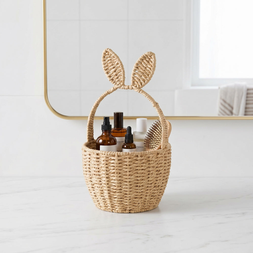 Woven Bunny Ear Easter Basket with Handle – Decorative Egg Hunt & Gift Basket for Kids-091621-cc