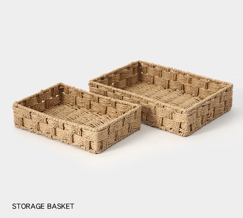 Set of 2 Woven Storage Baskets, Rectangular Organizer Trays for Bathroom, Vanity, Desk & Shelf-cc-091801