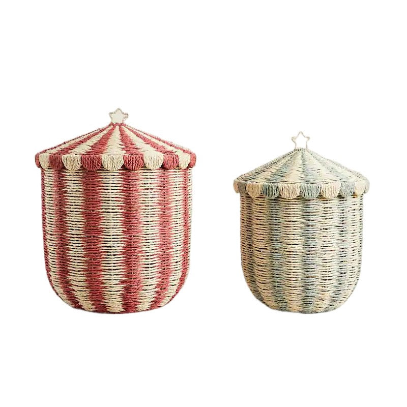 Woven Storage Basket with Lid – Decorative Striped Toy Hamper for Nursery, Bedroom & Living Room-091626-cc