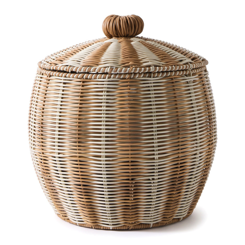 Large Woven Storage Basket with Lid – Two-Tone Decorative Laundry Hamper for Blankets, Toys & Home Organization-cc-092002