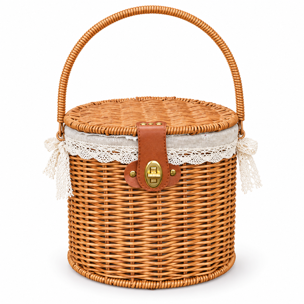 Round Wicker Picnic Basket with Lid, Leather Buckle & Gold Turn Lock, Lace Lined Handwoven Hamper for Outdoors, Wedding & Easter Gift -ZENG-092404