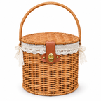 Round Wicker Picnic Basket with Lid, Leather Buckle & Gold Turn Lock, Lace Lined Handwoven Hamper for Outdoors, Wedding & Easter Gift -ZENG-092404