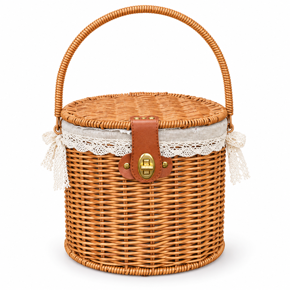Round Wicker Picnic Basket with Lid, Leather Buckle & Gold Turn Lock, Lace Lined Handwoven Hamper for Outdoors, Wedding & Easter Gift -ZENG-092404