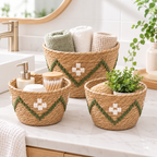 Woven Planter Basket with White & Green Pattern, Handmade Straw Plant Pot Cover for Succulents, Cacti & Tabletop Boho Decor -ZENG-091810
