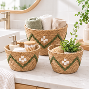 Woven Planter Basket with White & Green Pattern, Handmade Straw Plant Pot Cover for Succulents, Cacti & Tabletop Boho Decor -ZENG-091810