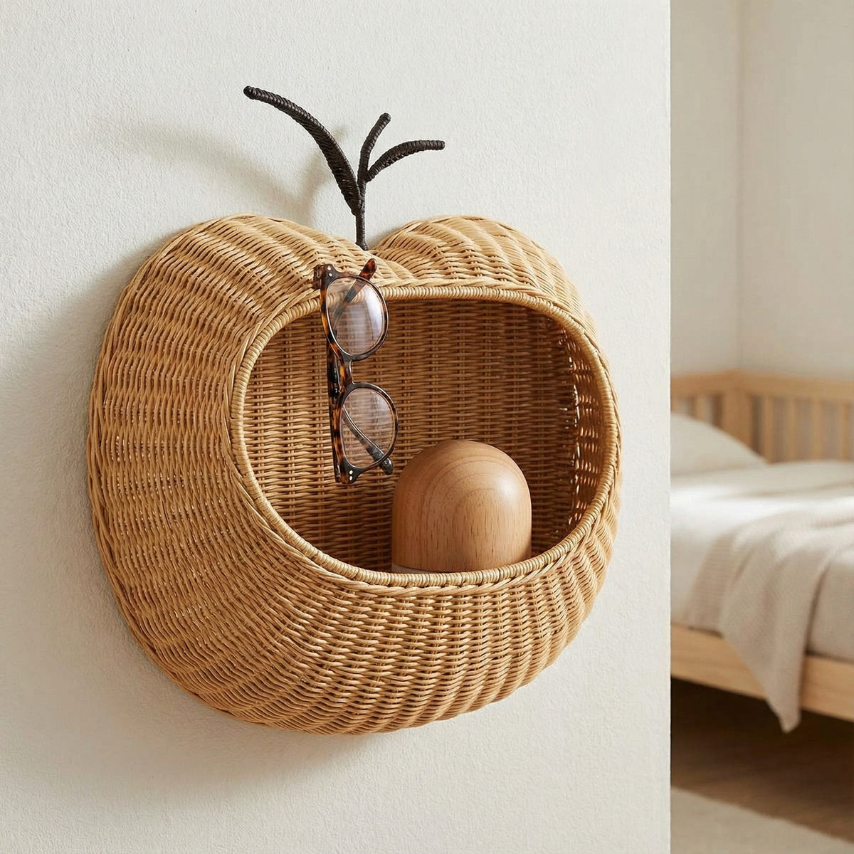 Apple Shaped Woven Storage Basket with Stem Handle, Handmade Wicker Organizer Basket for Books, Toys & Fruit, Cute Home Decor -ZENG-091704