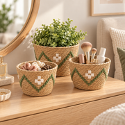Woven Planter Basket with White & Green Pattern, Handmade Straw Plant Pot Cover for Succulents, Cacti & Tabletop Boho Decor -ZENG-091810