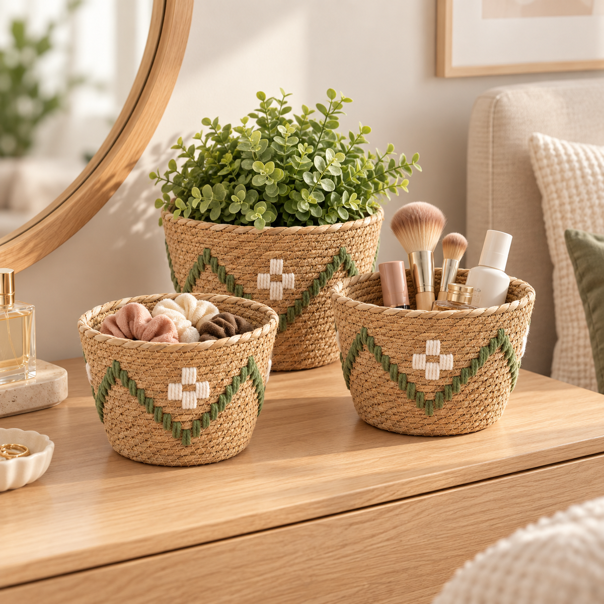 Woven Planter Basket with White & Green Pattern, Handmade Straw Plant Pot Cover for Succulents, Cacti & Tabletop Boho Decor -ZENG-091810