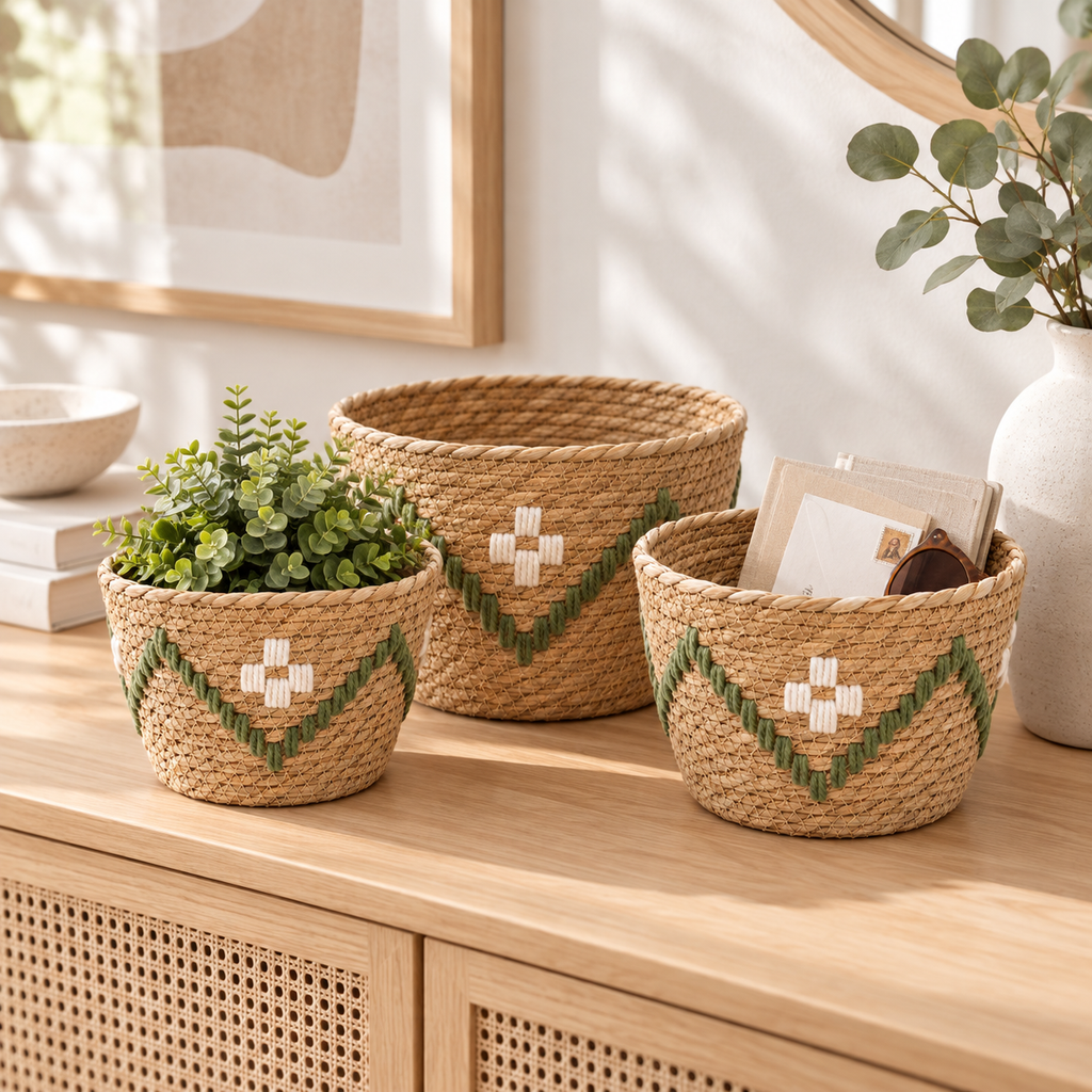 Woven Planter Basket with White & Green Pattern, Handmade Straw Plant Pot Cover for Succulents, Cacti & Tabletop Boho Decor -ZENG-091810