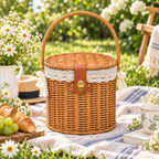 Round Wicker Picnic Basket with Lid, Leather Buckle & Gold Turn Lock, Lace Lined Handwoven Hamper for Outdoors, Wedding & Easter Gift -ZENG-092404