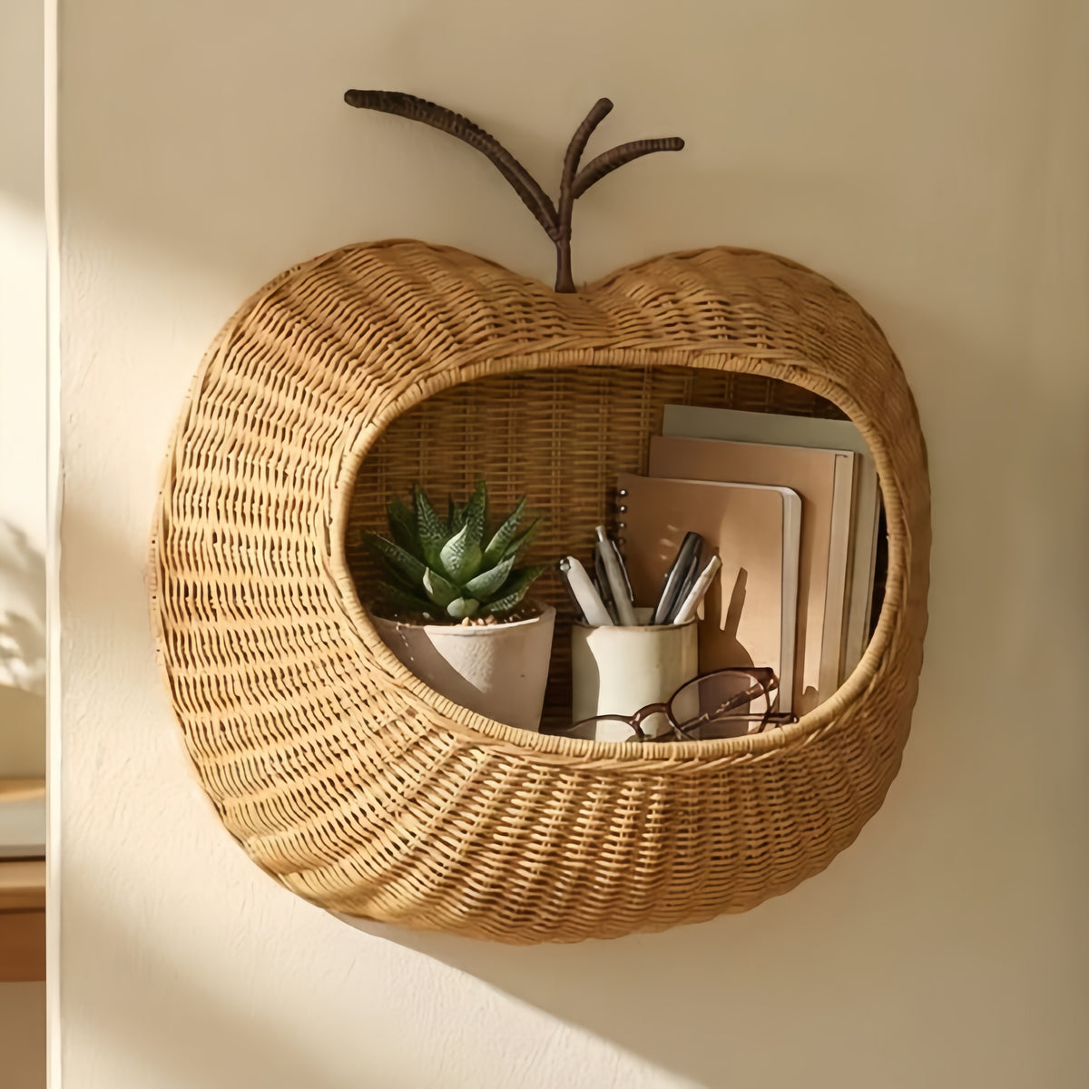 Apple Shaped Woven Storage Basket with Stem Handle, Handmade Wicker Organizer Basket for Books, Toys & Fruit, Cute Home Decor -ZENG-091704