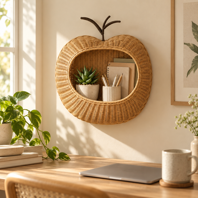 Apple Shaped Woven Storage Basket with Stem Handle, Handmade Wicker Organizer Basket for Books, Toys & Fruit, Cute Home Decor -ZENG-091704 Main Image