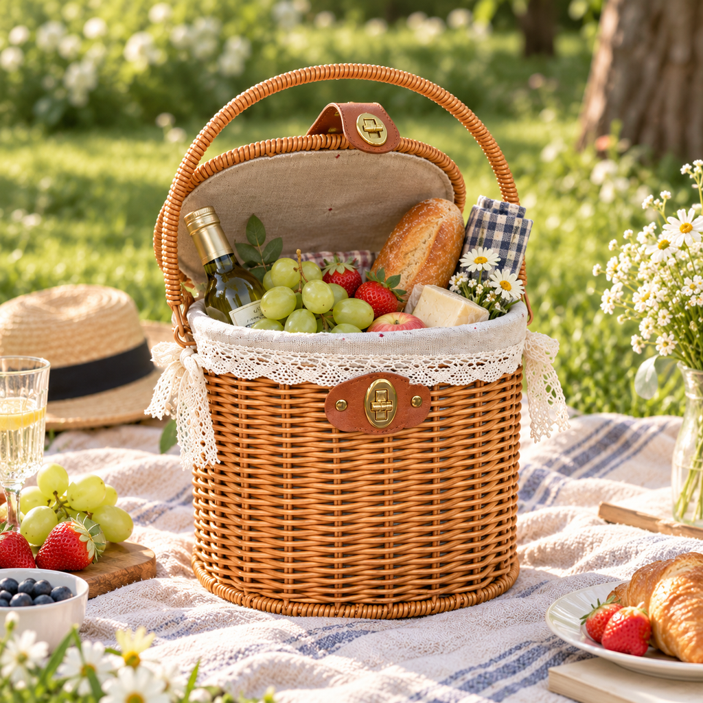 Round Wicker Picnic Basket with Lid, Leather Buckle & Gold Turn Lock, Lace Lined Handwoven Hamper for Outdoors, Wedding & Easter Gift -ZENG-092404