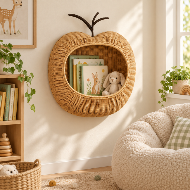 Apple Shaped Woven Storage Basket with Stem Handle, Handmade Wicker Organizer Basket for Books, Toys & Fruit, Cute Home Decor -ZENG-091704 Hover Image