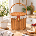 Round Wicker Picnic Basket with Lid, Leather Buckle & Gold Turn Lock, Lace Lined Handwoven Hamper for Outdoors, Wedding & Easter Gift -ZENG-092404