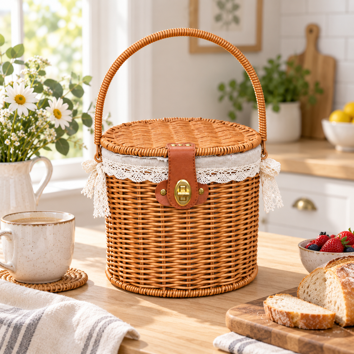 Round Wicker Picnic Basket with Lid, Leather Buckle & Gold Turn Lock, Lace Lined Handwoven Hamper for Outdoors, Wedding & Easter Gift -ZENG-092404