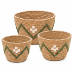Woven Planter Basket with White & Green Pattern, Handmade Straw Plant Pot Cover for Succulents, Cacti & Tabletop Boho Decor -ZENG-091810