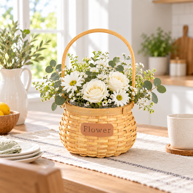 Handwoven Wicker Flower Basket with Arched Handle, Natural Rattan Floral Basket for Fresh Bouquets, Cottagecore Home Decor & Gift Giving -ZENG-091626 Main Image