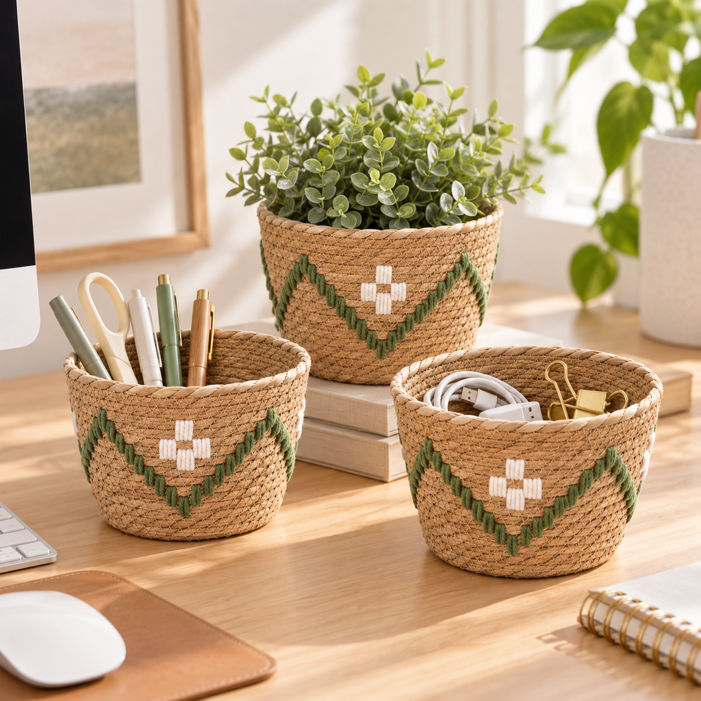 Woven Planter Basket with White & Green Pattern, Handmade Straw Plant Pot Cover for Succulents, Cacti & Tabletop Boho Decor -ZENG-091810