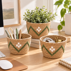 Woven Planter Basket with White & Green Pattern, Handmade Straw Plant Pot Cover for Succulents, Cacti & Tabletop Boho Decor -ZENG-091810