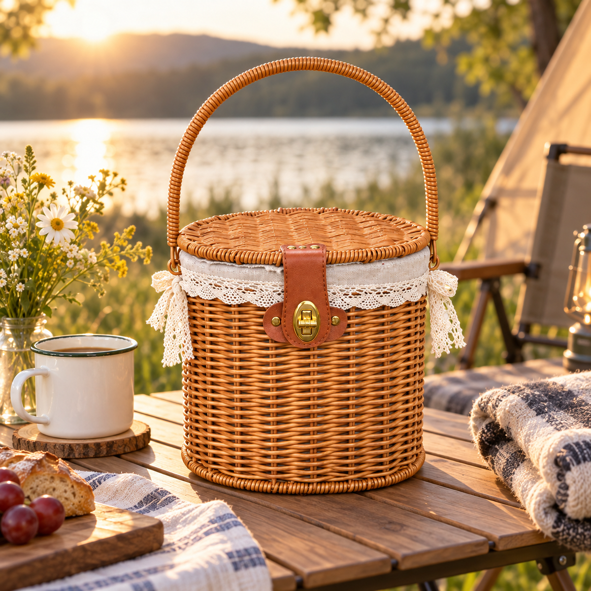 Round Wicker Picnic Basket with Lid, Leather Buckle & Gold Turn Lock, Lace Lined Handwoven Hamper for Outdoors, Wedding & Easter Gift -ZENG-092404