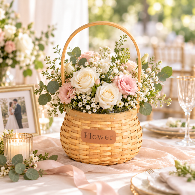 Handwoven Wicker Flower Basket with Arched Handle, Natural Rattan Floral Basket for Fresh Bouquets, Cottagecore Home Decor & Gift Giving -ZENG-091626 Hover Image