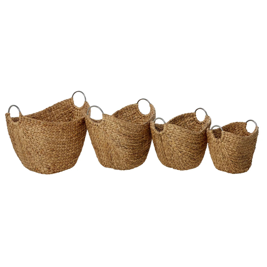 4-Piece Set of Hand-Woven Brown Seagrass Storage Baskets with Metal Handles