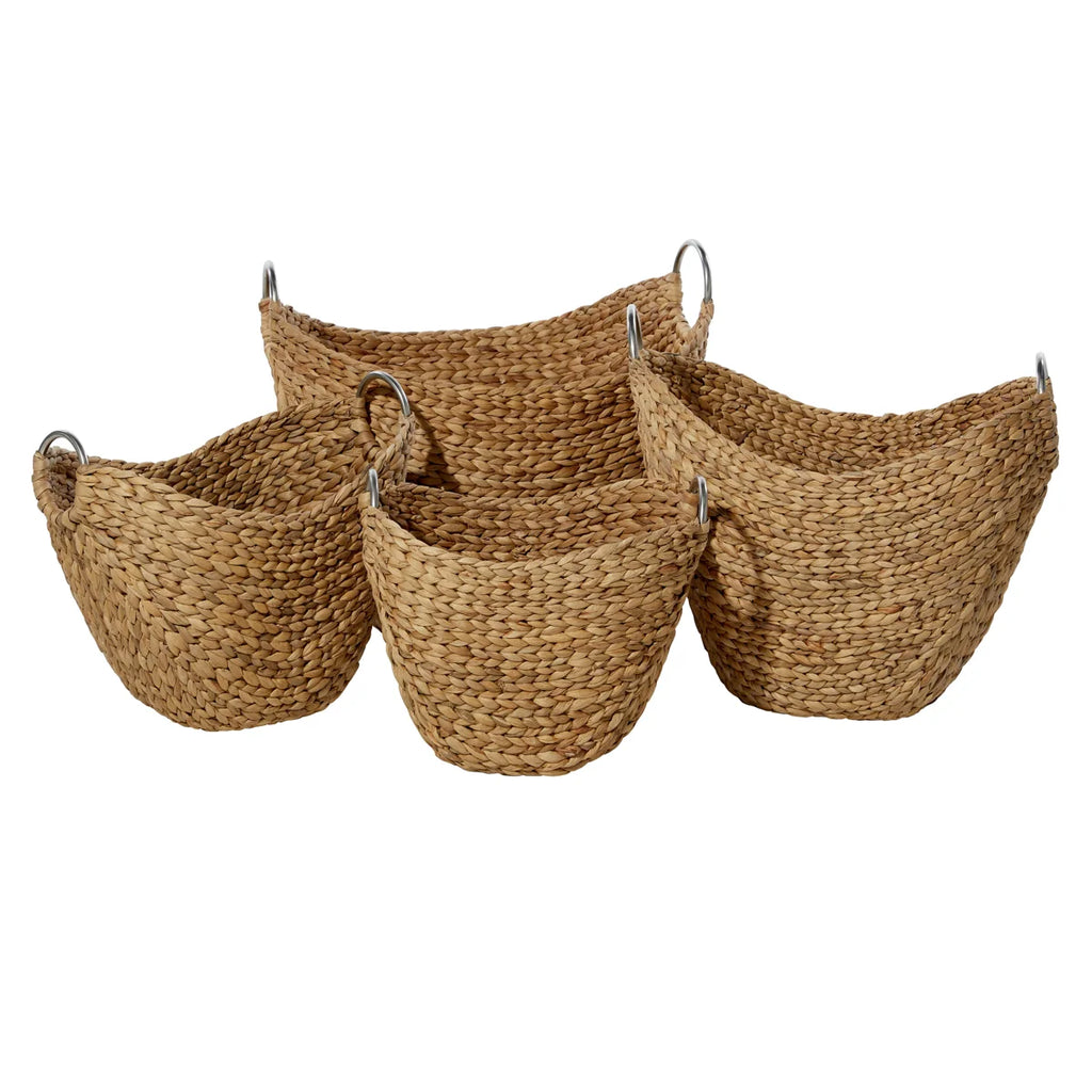 4-Piece Set of Hand-Woven Brown Seagrass Storage Baskets with Metal Handles