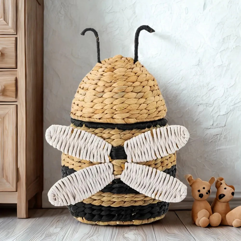 Handwoven Wicker Bee Storage Basket with Lid,Natural Decorative Basket for Nursery, Kids Room and Home Decor-cc-091808