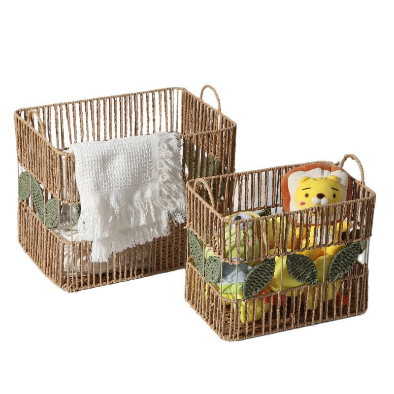 Rectangular Woven Storage Basket with Handles & Leaf Design – Large Decorative Organizer for Laundry, Toys, Blankets & Home Storage-cc-091802