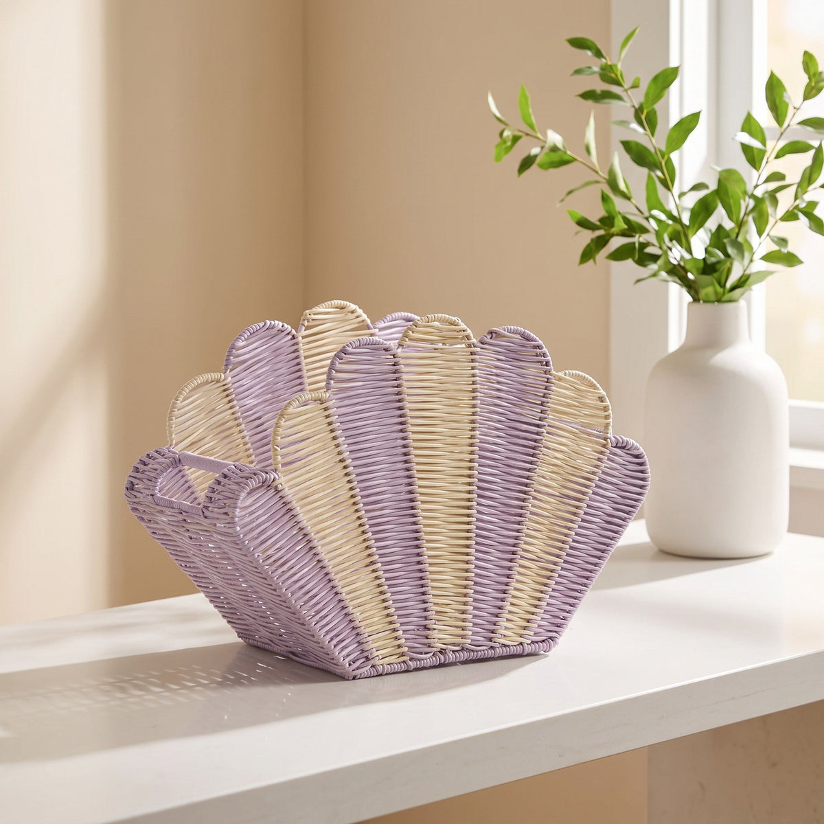 Shell Shaped Woven Handbag – Purple & Cream Summer Beach Tote Bag-cc-091718