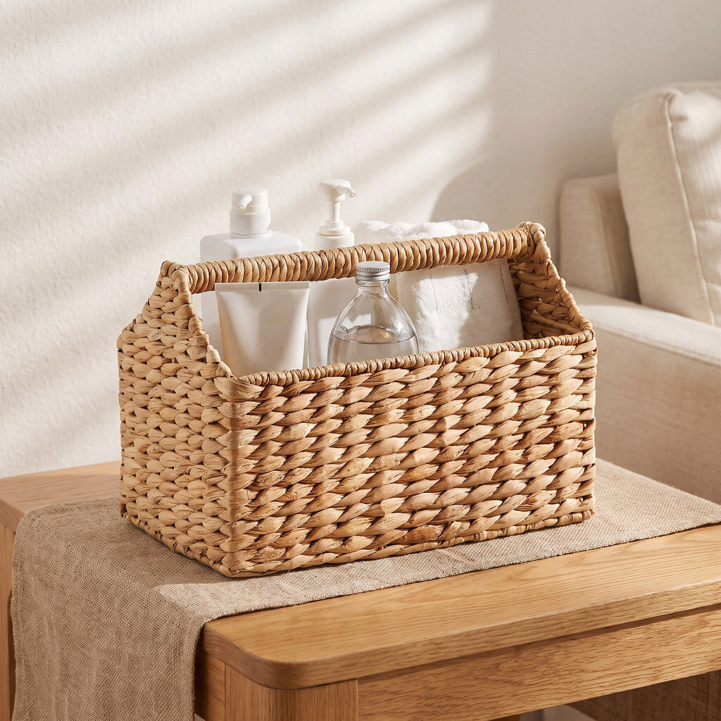 Water Hyacinth Storage Basket with Carry Handle, Woven Bathroom Organizer for Toiletries, Towels & Home Essentials-cc-091816
