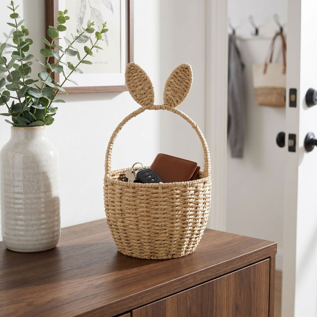 Woven Bunny Ear Easter Basket with Handle – Decorative Egg Hunt & Gift Basket for Kids-091621-cc