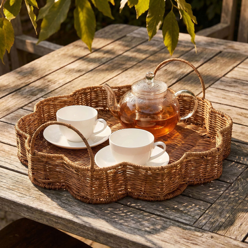 Flower-Shaped Woven Serving Tray with Handles – Decorative Organizer Tray for Coffee Table, Breakfast & Home-cc-092004