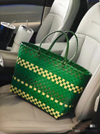Green Woven Tote Bag with Woven Handles, Yellow Green Handwoven Wicker Beach Grocery Bag for Car Travel and Daily Carry -cc-091702
