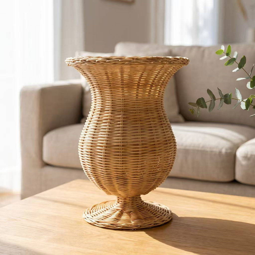 Natural Rattan Woven Vase for Dried Flowers, Decorative Wicker Flower Vase with Pedestal Base, Boho Farmhouse Home Decor-cc-091809