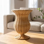 Natural Rattan Woven Vase for Dried Flowers, Decorative Wicker Flower Vase with Pedestal Base, Boho Farmhouse Home Decor-cc-091809